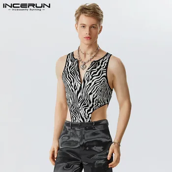 INCERUN 2023 Seksualus Loungewear Naujas Vyrų Zebra Spausdinimo Bodysuits Stilingas Atsitiktinis Vyras Didelės Šakutės Rankovių Trikampio Jumpsuit S-5XL