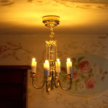 1:12 Miniatiūriniai Lėlių Lempa LED Lubų šviestuvas Aukso Liustra Droplight Apšvietimas Namuose Modelis Baldai ir Dekoro, Žaislų