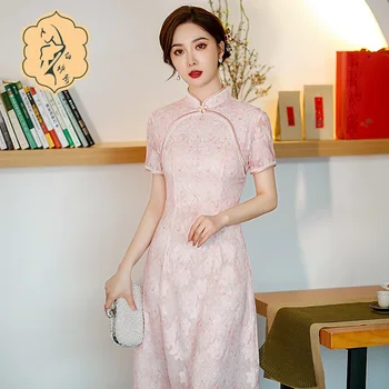 2022 m. pavasarį, vasarą ir rudenį naujų vidutinės trukmės ir ilgai padalinta cheongsam rožinė suknelė pagerinti Kinų stiliaus suknelė