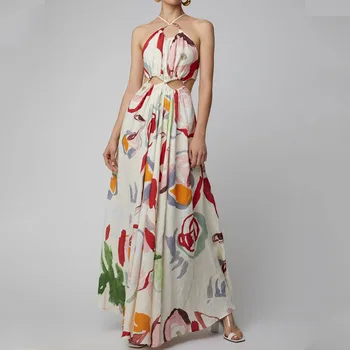 2023 Nauja Seksuali Tuščiaviduriai Suknelė Mados Gėlių Rankovių Apynasrio Kaklo Ilgio Suknelės Aukšto Juosmens Slim Fit Vasaros Moterų Paplūdimio Suknelė