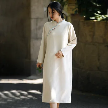 2023 Naujas ilgomis Rankovėmis Deerskin Aksomo Retro Suknelė Rudens ir Žiemos Cardigan Nacionalinės Stilius Geresnis Cheongsam Naujas Kinų Stiliaus