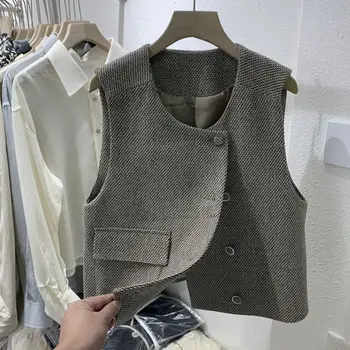 2023 naujas retro lankstymo kostiumas, liemenė, moterų prancūzų anglų trumpas camisole moterų liemenė rankovių puffer jacket moterims Kišenės