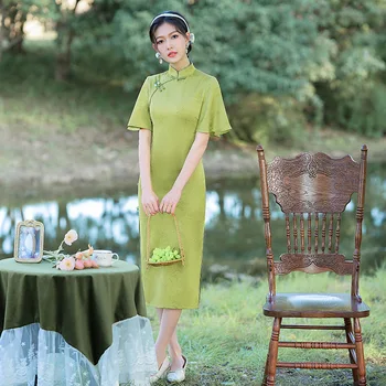 2023 Pavasario Vasaros Žalia Žakardo Cheongsam Elegantiškas Mados Pagerėjo Šviežių Jaunų Kinų Suknelė Veiklos Nuotrauka Qipao Moterims