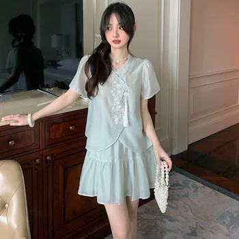 2023 pavasarį, vasarą naujasis kinijos stilius derliaus hanfu suknelė rinkinys siuvinėjimui hanfu nustatyti trumpas rankovės žalia cheongsam rinkinys moterims 