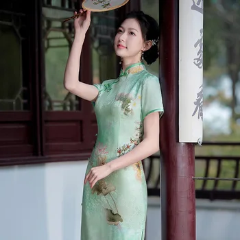 2023 Vasaros Gėlių Cheongsam Merginos Elegantiškas Aukštos klasės Nuotrauka Veiklos Kinų Stiliaus vakarinę Suknelę Qipao Moterims