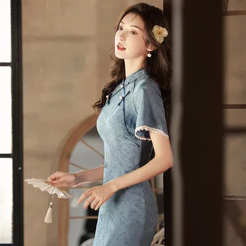 2023 Vasaros Mėlyna Pagerėjo Cheongsam Elegantiškas, Jaunų Mergaičių Senovinio Stiliaus Kinijos Tradicinės Derliaus vakarinę Suknelę Qipao Moterims