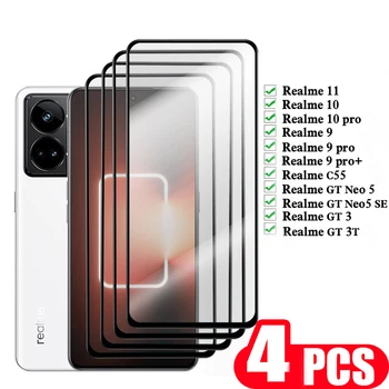 4Pcs 9D visiškai padengti Grūdinto stiklo Realme GT Neo 5 SE 3 3T 2 C 55 ekrano apsaugos Realme 11 10 9 pro plus apsauginė plėvelė