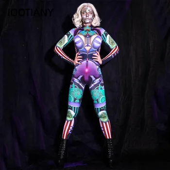 8Colors Moterų Komplektus Bodysuit Helovyno Cosplay Kostiumų Karnavalas Šalies Gobtuvu Zentai Catsuit 3D Skaitmeninio Spausdinimo Skeletas Jumpsuit
