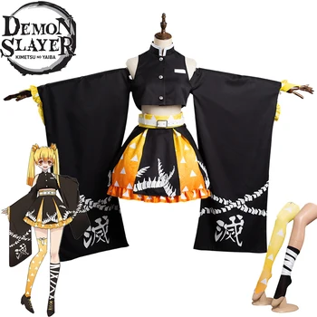 Anime Demon Slayer Agatsuma Zenitsu Cosplay Mergaičių Sijonas Viršuje Nustatyti, Apranga, Kimono Kostiumas Helovyno Karnavalas Kostiumas
