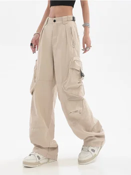 Atsitiktinis Baggy Kelnės Moterims Prarasti Mažas Juosmens Retro darbo drabužiai Hip-Hop Streetwear Tiesios Kelnės Plačios Kojos Y2K Krovinių Kelnės