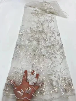 Baltas 3D Gėlės Afrikos Nėrinių Audinys Su Užkarpomis Blizgančiais prancūzijos Nėrinių Audinio Appliques Tiulio, Nėrinių ir Vestuvių Vestuvės Dress