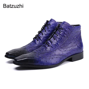 Batzuzhi Super Cool vyriški Batai Mažas Kvadratas Kojų Mėlynos spalvos natūralios Odos Batai Vyrai Nėriniai-up Business/Šalis Botas Hombre,38-46