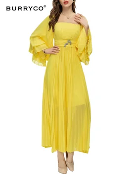 BURRYCO Moterų Nauja 2023 Vasarą Europos Stotis Prabangos Stiliaus vientisos Spalvos Klostuotas Mados Slim Elegantiška Suknelė