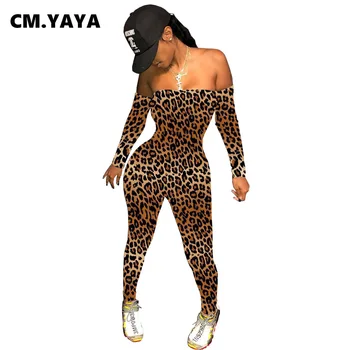 CM.YAYA 2021 Leopard Burną Laišką Atsispausdinti Peties ilgomis Rankovėmis Bodycon Jumpsuit Moterų Sexy Klubo Šalis Vieną Bendrą Romper