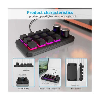 Custom Klaviatūra Garso Mygtukas Mygtukas Programavimo Makro Žaidimų Hotswap Klaviatūrą, Juodos Spalvos, 12 Raktai 2 Rankenėlę, Bluetooth