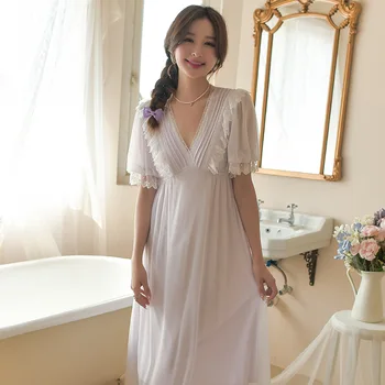 Derlius V-kaklo trumpomis Rankovėmis Princesė Ilgai Nightgowns Moterims Vasaros Modalinis Gzuze Nėrinių Ilgai Sleepwear