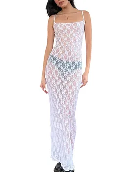 Elegantiškas Nėrinių Aplikacija Maxi Suknelė su Vien Rankovėmis ir Spagečiai Dirželiai Puikiai tinka Šalis ir Clubwear