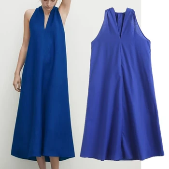 Elmsk 2023 M. Vasarą Prancūzijos Suknelė Mados Royal Blue Elegantiškas Biuras Ponios Retro Apynasrio Kaklo Atsitiktinis Darbą Šalis Suknelė Moterims