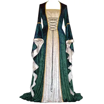 Europos viduramžių Teismo Ilgis Žemės Ilgis Moterų Suknelės su Aukso Aksomo Sudegintasis Rankovėmis Retro Stiliaus
