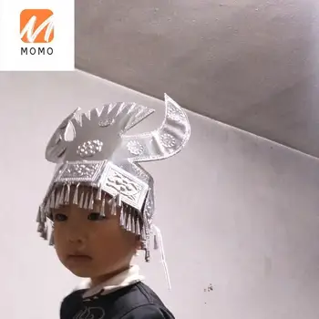 Gamykloje Kinijos miao etninės miao lydinio, padengti sidabro Hmong Apdangalai, plaukų aksesuaras Skrybėlę