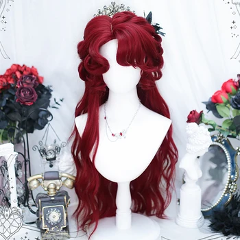 HOUYAN sintezė Ilga raudona banguota retro moterų kirpčiukai Lolita cosplay karščiui atsparaus perukas šalies perukas
