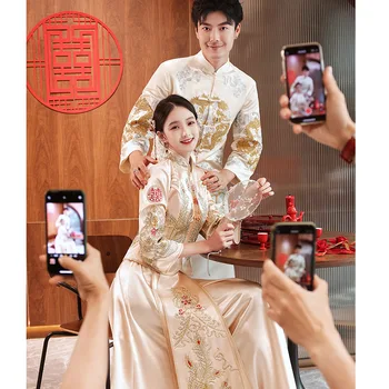 Išskirtinį Kalnų Krištolas Siuvinėjimo Satino Mandarinų Apykaklės Santuokos Cheongsam Elegantiškas Kinų Pora Vestuvių Suknelė