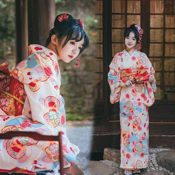 Japonijos Tradicinių Kimono Suknelė Su Obi Spausdinti Gėlių Erdvus Suknelės, Kostiumas Moterims Moteriški Geiša Haori Kimono Yukata Suknelė Tiktų