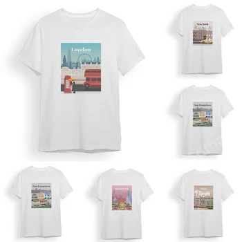 Kelionės London Print T-Shirt Moterims, Negabaritinių Miesto Kraštovaizdžio Trumpomis Rankovėmis Viršūnes Atsitiktinis Palaidų Tees Puloveris Vasaros Plius Dydis Drabužiai