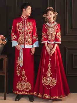 Kinijos Siuvinėjimo Nuotaka Jaunikis Kostiumą Rytų Stiliaus Santuokos Nustatyti Taurę Drabužių Derliaus Mėgėjams Vestuvių Suknelė Cheongsam