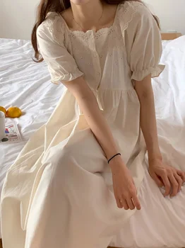 Korėjos Kawaii Lounge Naktį Suknelė Vasarai Naujų Saldus Mergina Medvilnės Nėriniai Trumpas Rankovės Namų Nightdress Viktorijos Princesė Sleepwear