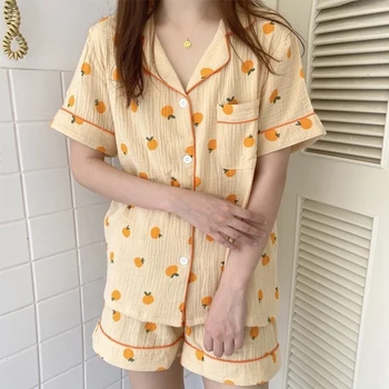 Kroea Stiliaus Moterų Vasaros Sleepwear Spausdinti Trumpas Rankovės Ponios Pajama Rinkinys su Šortai Vieną Krūtinėmis Namų Kostiumas moterims 2023