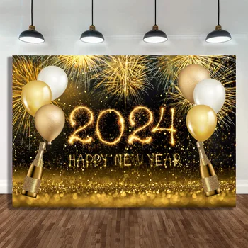 Laimingų Naujųjų Metų 2024 Blizgučiai Aukso Backdrops Bokeh Sparklers Aukso Taškų Balionai Šampano Suaugusiųjų Portretinės Fotografijos Fone