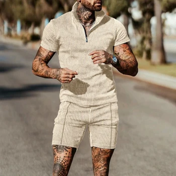 Mados Dryžuotas Spausdinti Užtrauktukas Polo Marškinėliai, vyriški Šortai, Tinka Atsitiktinis Dviejų dalių Rinkiniai 2023 Pavasario Vasaros Streetwear Komplektus Mens