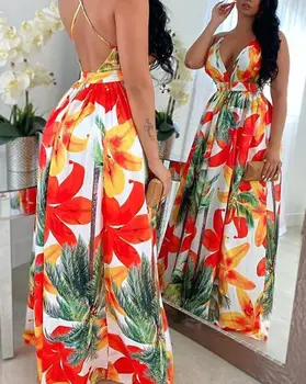 Moterų Elegantiškas Diržas Suknelė Mados Gėlių Spausdinti Backless Seksualus Maxi V-Kaklo Spageti Dirželis Suknelė Atostogos Pajūryje Vasarą 2023