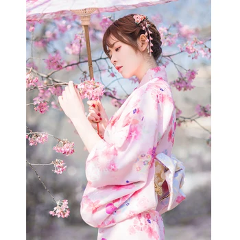 Moterų Japonijos Tradicinių Kimono Rožinės Spalvos Gėlių Spaudinių Oficialų Yukata Fotografijos Ilga Suknelė Cosplay Kostiumas