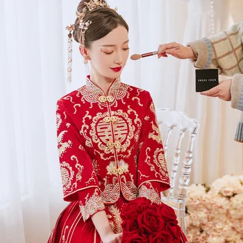 Moterų Pokylių Stilingas, Elegantiškas Bride Dress Kinijos Tradicinių Vestuvių Siuvinėjimo Cheongsam Suknelė китайская одежда