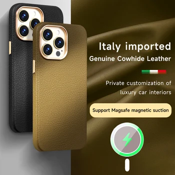 Natūralios Odos Telefoną Atveju Magsafe Atveju iPhone 14 13 Pro Max 14 Plius Litchi Grūdų Belaidžio Įkrovimo Magnetinio Galinį Dangtelį