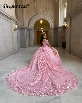 Naujas Atvykimo Rožinė 2023 Gėlių Kamuolys Suknelė Quinceanera Suknelės, Perlų 3D Gėlės Vestidos De 15 Años Korsetas Suknelė 16 metų