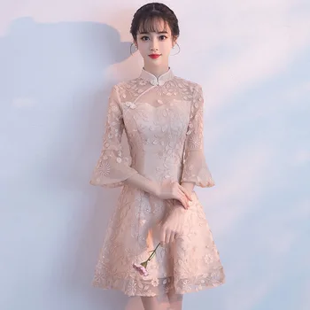 Naujas Kinų Stiliaus Didelis Kaklas Trumpas Vakarines Sukneles Moterims, Elegantiška Nėrinių Gėlių Šalis Suknelė Vidutinio Ilgio Cheongsam Užtrauktukas Atgal