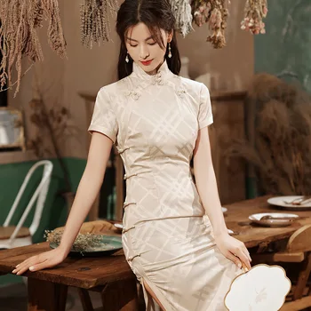 Naujas Moterų Kinų Stiliaus trumpomis Rankovėmis Cheongsam Rytų Plonas Ilgas Seksualus Aukštos Padalinta Qipao Dydis 3XL