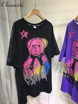 Naujas Ponios Europos Siuvinėjimo Karšto Gręžimo Megztinis marškinėliai Moterims Vasaros Mados Gradientas Lokys Apvalios Kaklo Lieknėjimo Viršuje Tees
