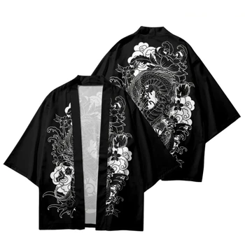 Negabaritinių Viršuje White Dragon Spausdinti Tradicinių Kimono Vyrai Moterys Cosplay Cardigan Yukata Marškinėliai Japonų Samurajus Haori