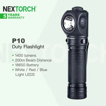 Nextorch P10 Multi-šviesos Šaltinis Taktinis/Muito stačiu Kampu Įkraunamas Žibintuvėlis,1400LM,18650 Baterija, Balta/Raudona/Mėlyna Šviesos diodų (LED)