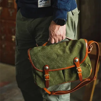 Organizatorius dizaineris prabanga drobės natūralios odos vyriški krepšys lauko dienos kelionės dirbti žalia pečių maišą didelės rankinės