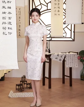 Pagerėjo Mandarinų Apykaklės Cheongsam Baltos Spalvos Gėlių Spausdinti Trumpas Rankovės Derliaus Moterų Elegantiškas Kinų Stiliaus Duobute Qipao