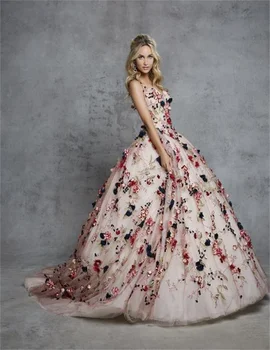 Paprotys Vestuvių Suknelė 3d Gėlių, Lapų, Uždusęs Sijonas Suspender Iki Grindų, Rožinė, Kelių sluoksnių Tiulio Spalvinga Elegantiškas Sielovados 2023