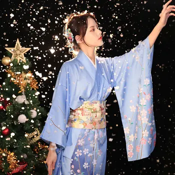 Pavasario Harajuku Chalatas Suknelė Moterims, Japonijos Tradicinių Kimono Vintage Blue Print Gėlių Geiša Kimono Cosplay Etape Kostiumas
