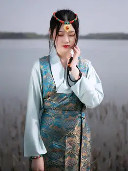 Pavasario Kinijos Tibeto Moterų Bola Suknelė Marškinėliai Dviejų Dalių Komplektas