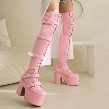 Pink Cross Susieto Kelio ilgi Batai Strappy Dekoro Platforma, Suapvalinti Tne Batai Moterims Stambusis Aukštakulnius Batus 2023 Zapatos Para Mujere
