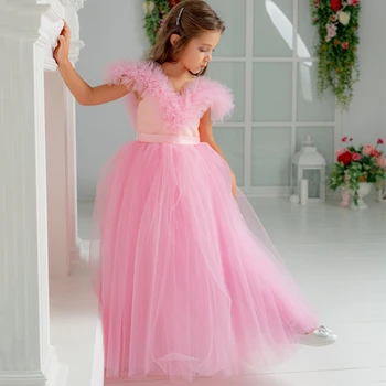 Pmwrun Pink Gėlių Mergaitės Suknelė trumpomis Rankovėmis Tiulio su Diržo Vaikų Gimtadienio Užsakymą Grindų Ilgis Suknelės, Vestuvių Grupė